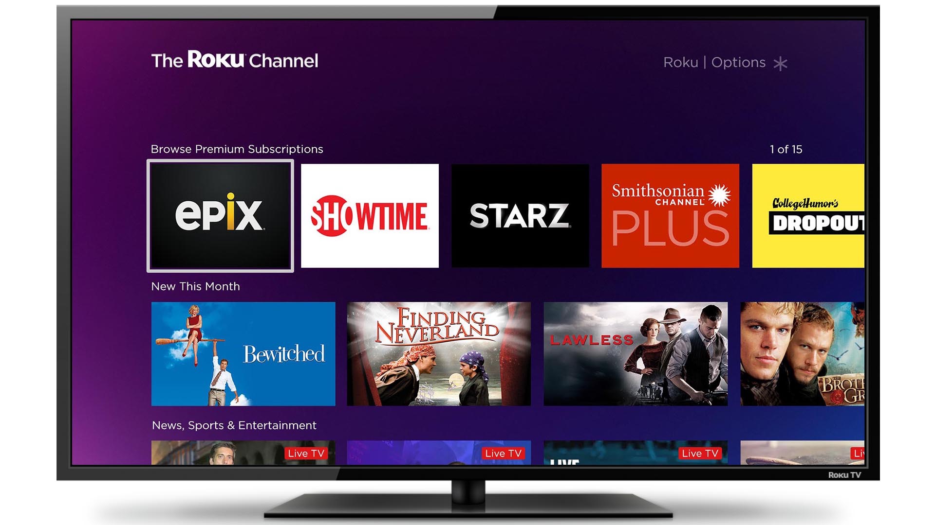 the roku channel home screen on tv