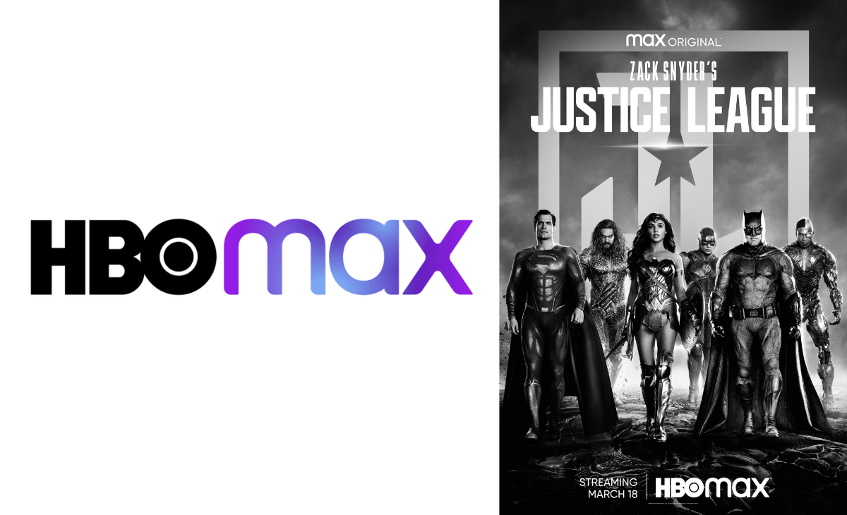 A collage of the HBO Max logo and a poster for the Justice League film