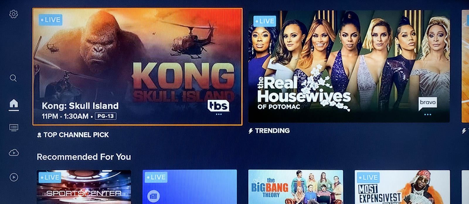 A screenshot of the new Sling TV app Home screen