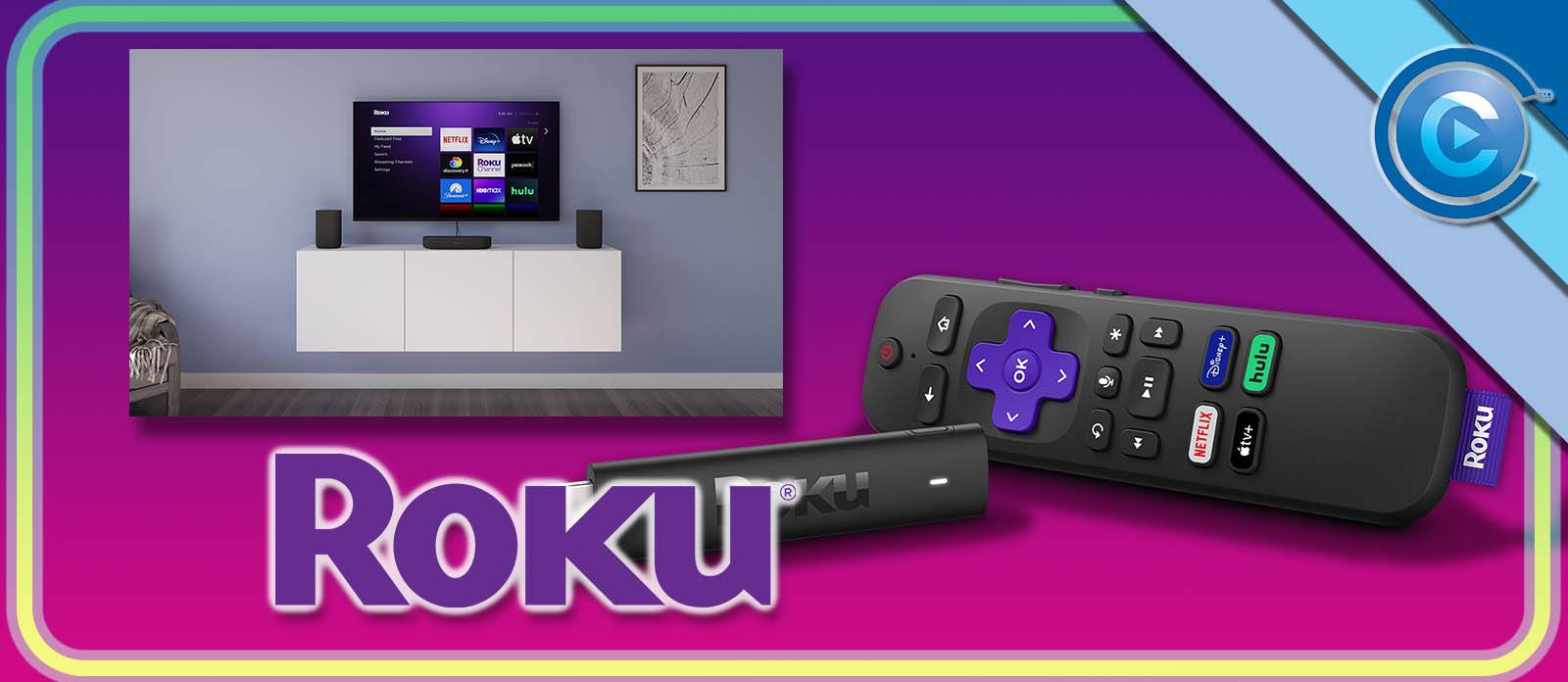 Collage of upcoming Roku products and the Roku logo