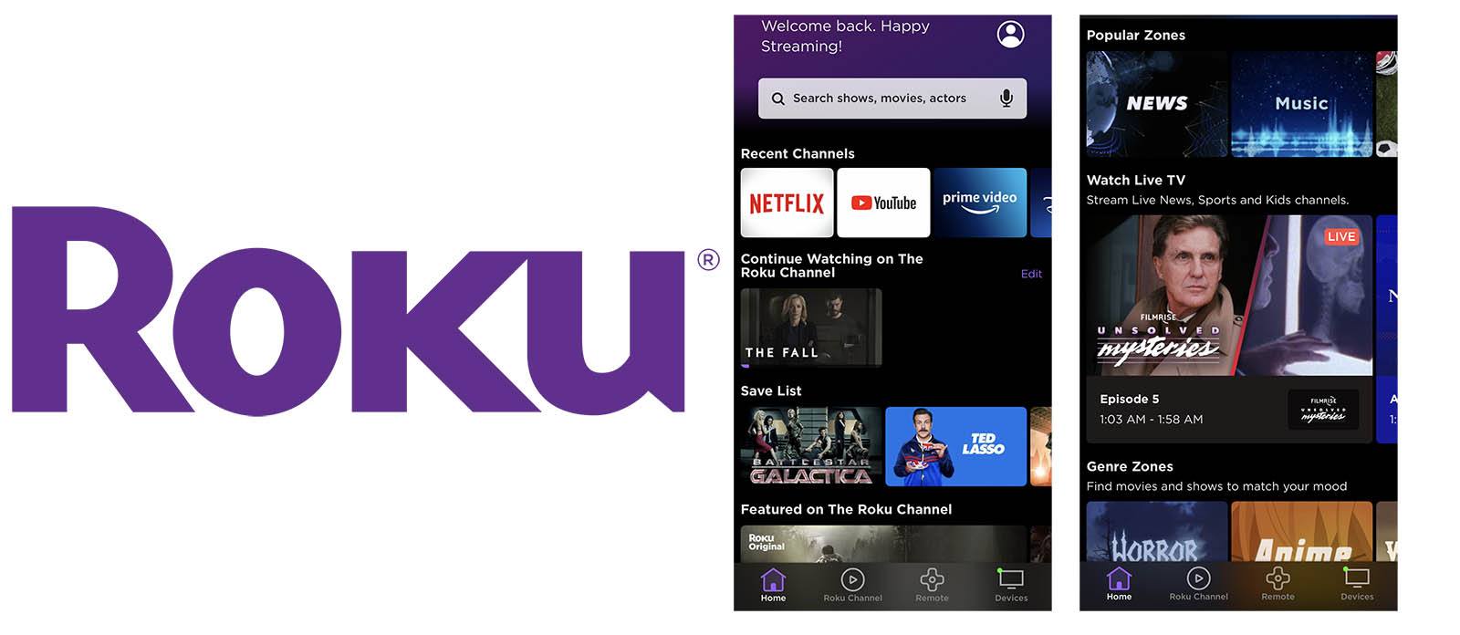 Collage of Roku logo and mobile app screenshots