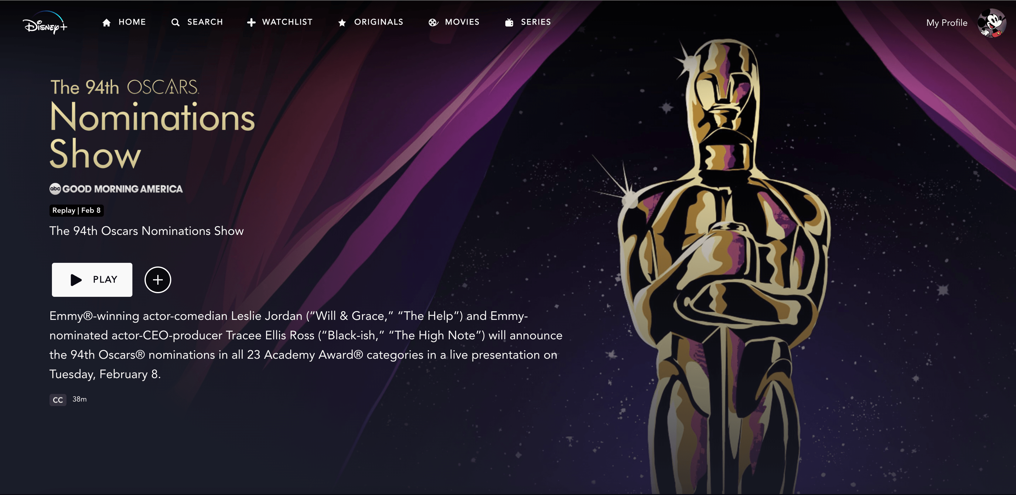 Disney+ Tested Out its First Livestream During the Academy Award Nominations Tuesday