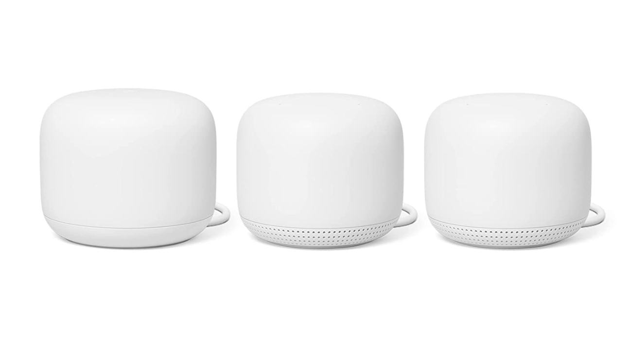 Image of three Google Nest WiFi routers.