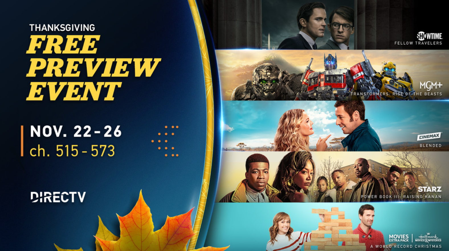 DIRECTV’s Thanksgiving Free Preview Event Returns With Showtime, MGM+, Cinemax, Starz, and Movies Extra Pack